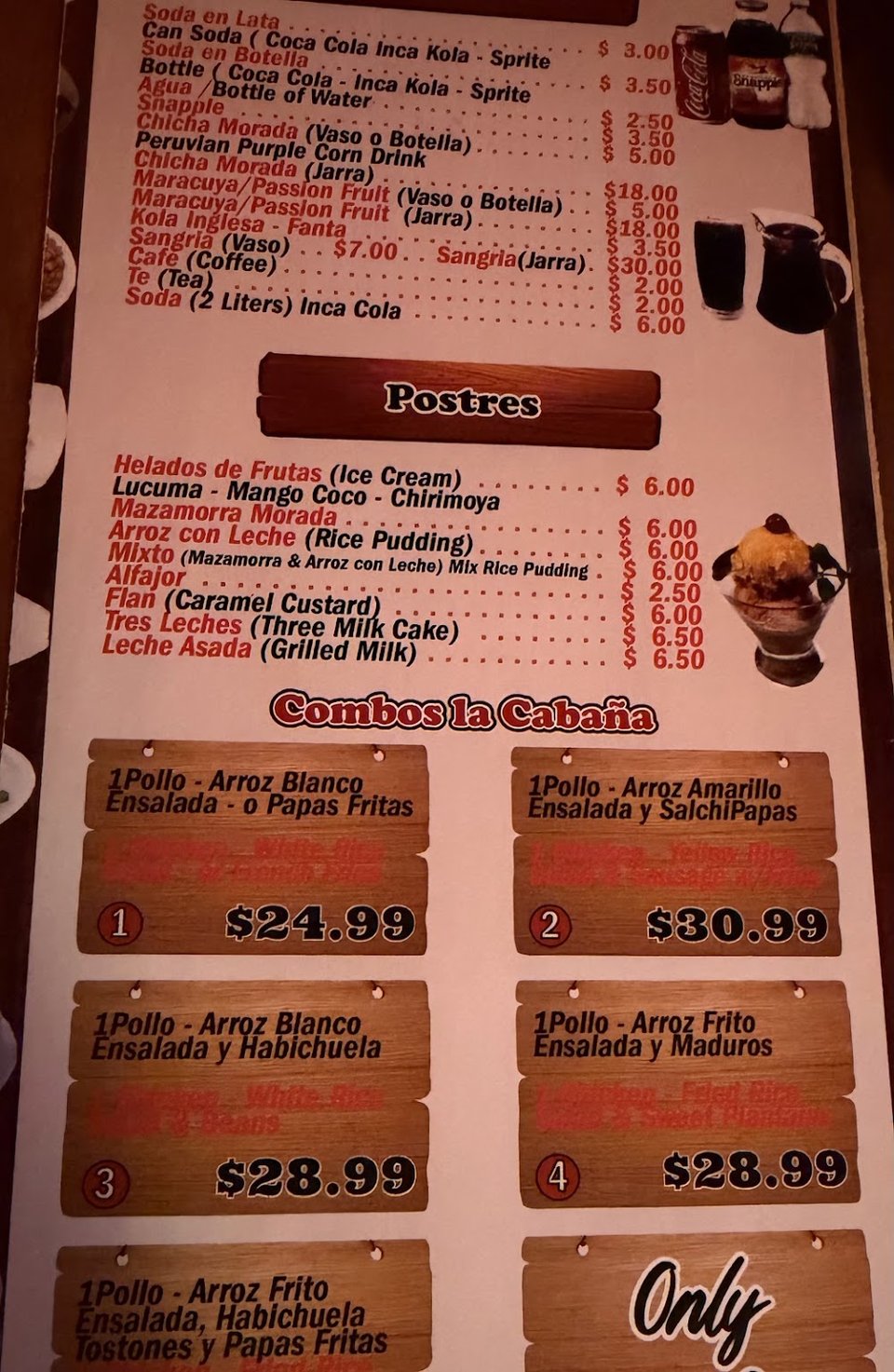 Menu page with Peruvian dishes and seafood sections.