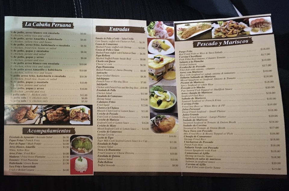 Printed menu showing chicken, soups, and drinks.