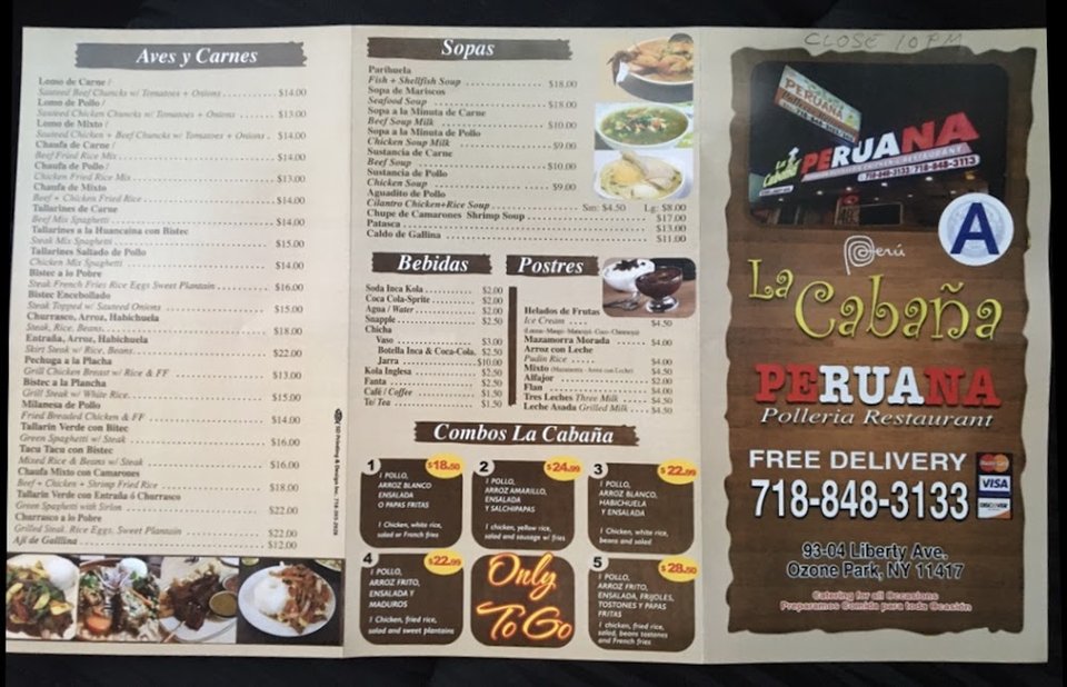 Restaurant menu listing appetizers and main plates.
