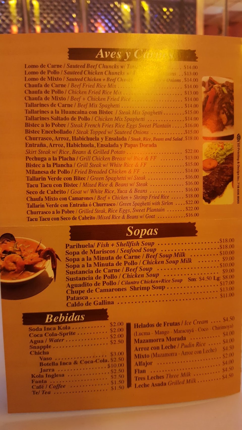 Menu layout with Spanish dish names and categories.
